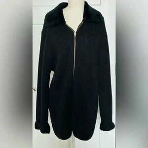 Cotton Roads Fur Trimmed Ribbed Knit Black Sweater Jacket Size Medium🖤